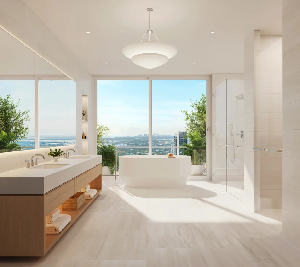 interior master bathroom at Viceroy Residences Fort Lauderdale with double sink, shower, and bathtub
