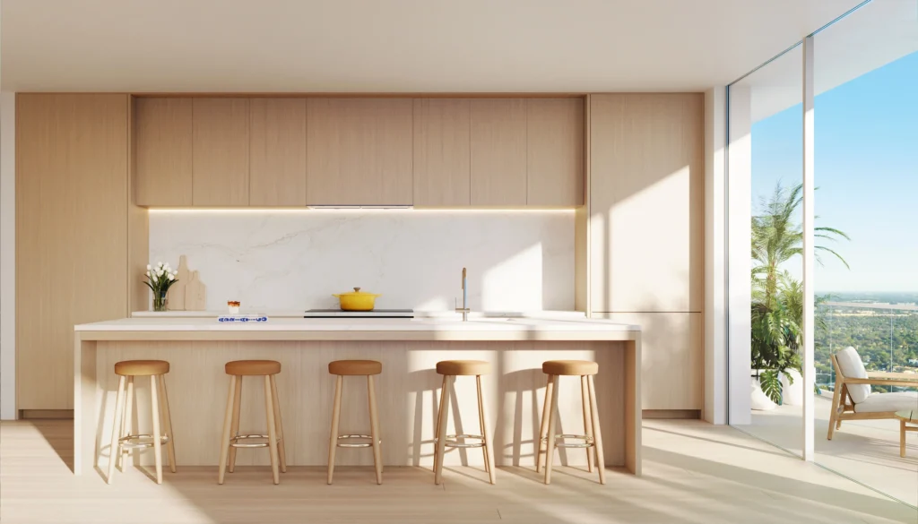 interior kitchen with kitchen island and stools overlooking Ft Lauderdale skyline