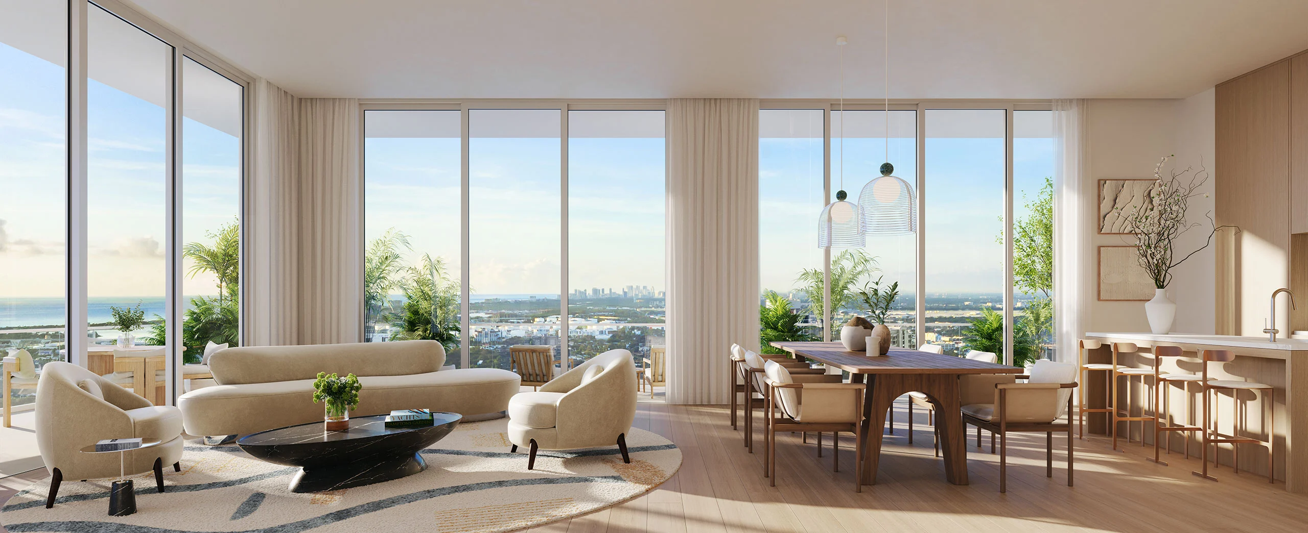 interior living room lined with floor to ceiling windows alongside kitchen and eating area at Viceroy Residences Fort Lauderdale