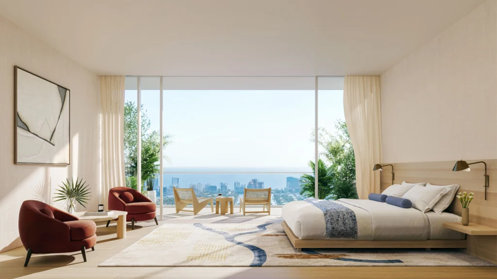 interior primary bedroom overlooking ocean at Viceroy Residences Fort Lauderdale
